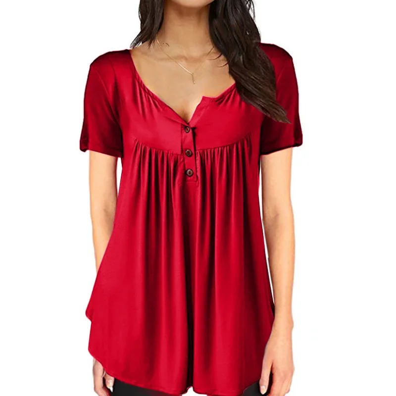 Women's Clothing T-shirt Top with Pleated Buttons and Loose and Comfortable Short Sleeves Maternity Tops Summer Hot Selling