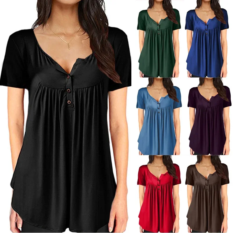 Women's Clothing T-shirt Top with Pleated Buttons and Loose and Comfortable Short Sleeves Maternity Tops Summer Hot Selling - Image 3