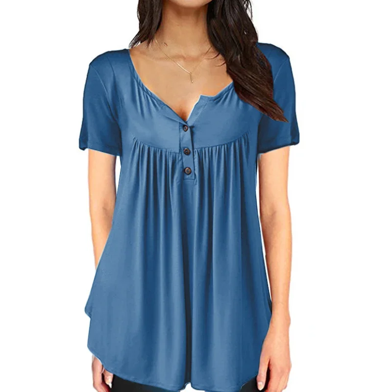 Women's Clothing T-shirt Top with Pleated Buttons and Loose and Comfortable Short Sleeves Maternity Tops Summer Hot Selling - Image 4