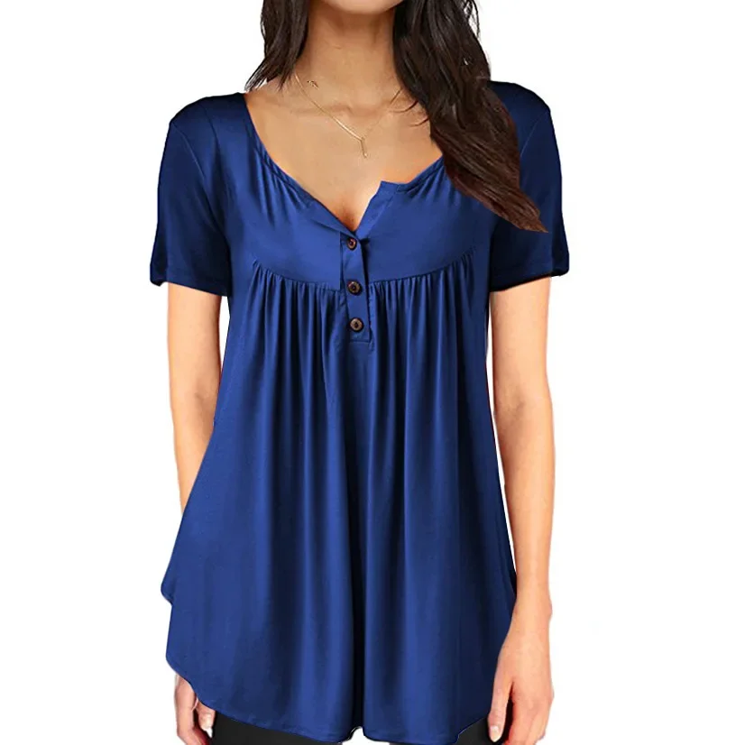 Women's Clothing T-shirt Top with Pleated Buttons and Loose and Comfortable Short Sleeves Maternity Tops Summer Hot Selling - Image 7