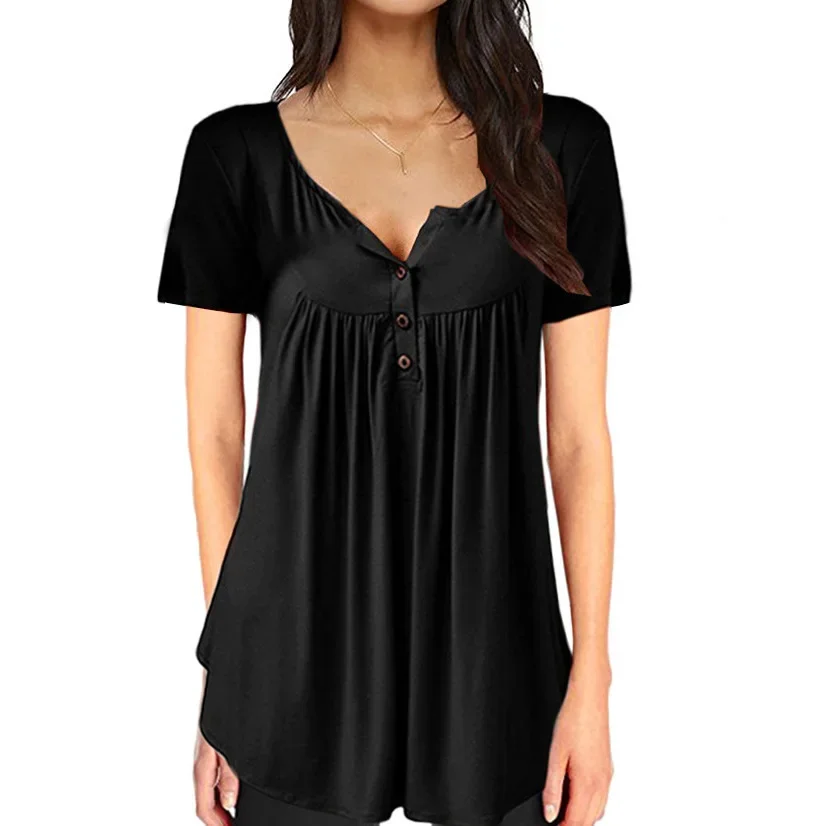 Women's Clothing T-shirt Top with Pleated Buttons and Loose and Comfortable Short Sleeves Maternity Tops Summer Hot Selling - Image 8