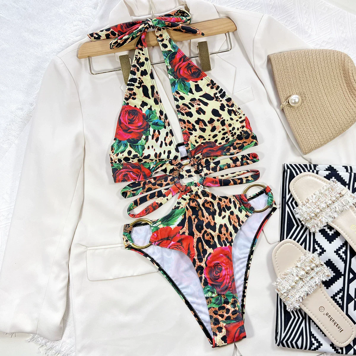 Women's Cut Out Sleeveless Casual Leopard-Print One-Piece Swimming Suit Beach Sexy Swimsuit with Chest Pad - Image 2