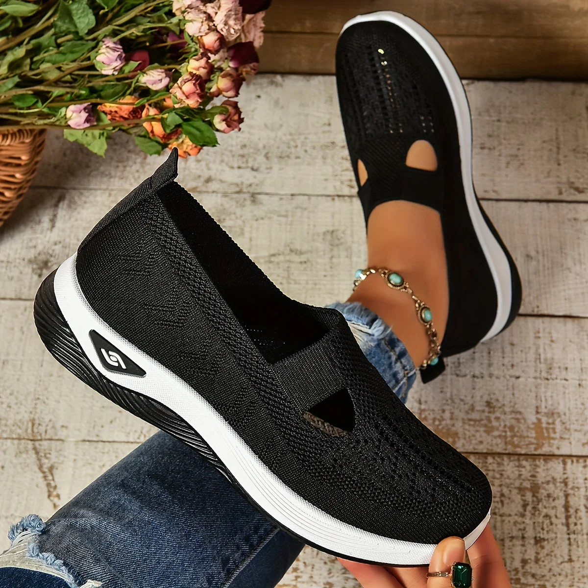 Women's Cut-out Sneakers, Casual Breathable Slip On Walking Shoes, Lightweight Outdoor Flat Shoes - Image 3