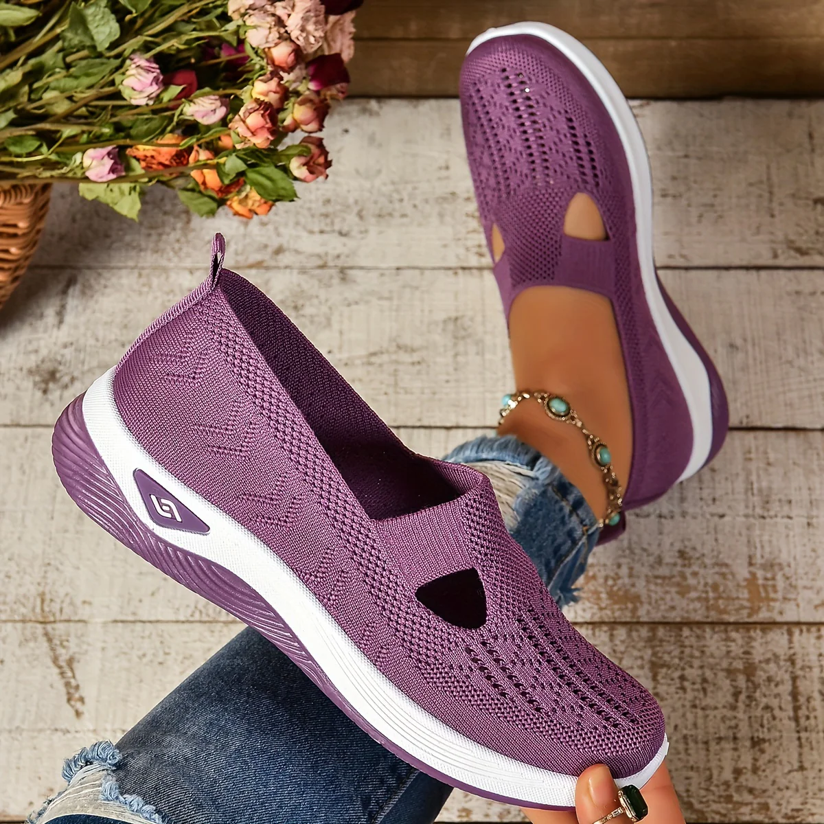 Women's Cut-out Sneakers, Casual Breathable Slip On Walking Shoes, Lightweight Outdoor Flat Shoes - Image 4