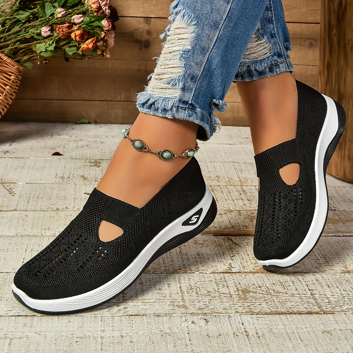 Women's Cut-out Sneakers, Casual Breathable Slip On Walking Shoes, Lightweight Outdoor Flat Shoes - Image 9