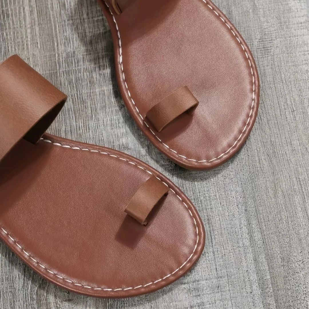 Women's Dark Brown Toe Loop Sandals, Open Round Toe Flat Comfy Fashion Slippers, Women's Indoor & Outdoor Slides - Image 4