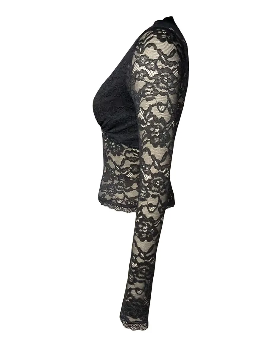 Women's Deep V Lace Long Sleeve Top - Black T-Shirt  Long Sleeve V Neck Sheer Lace Top Slim Fit Transparent T-Shirt Club Outfit - Image 4