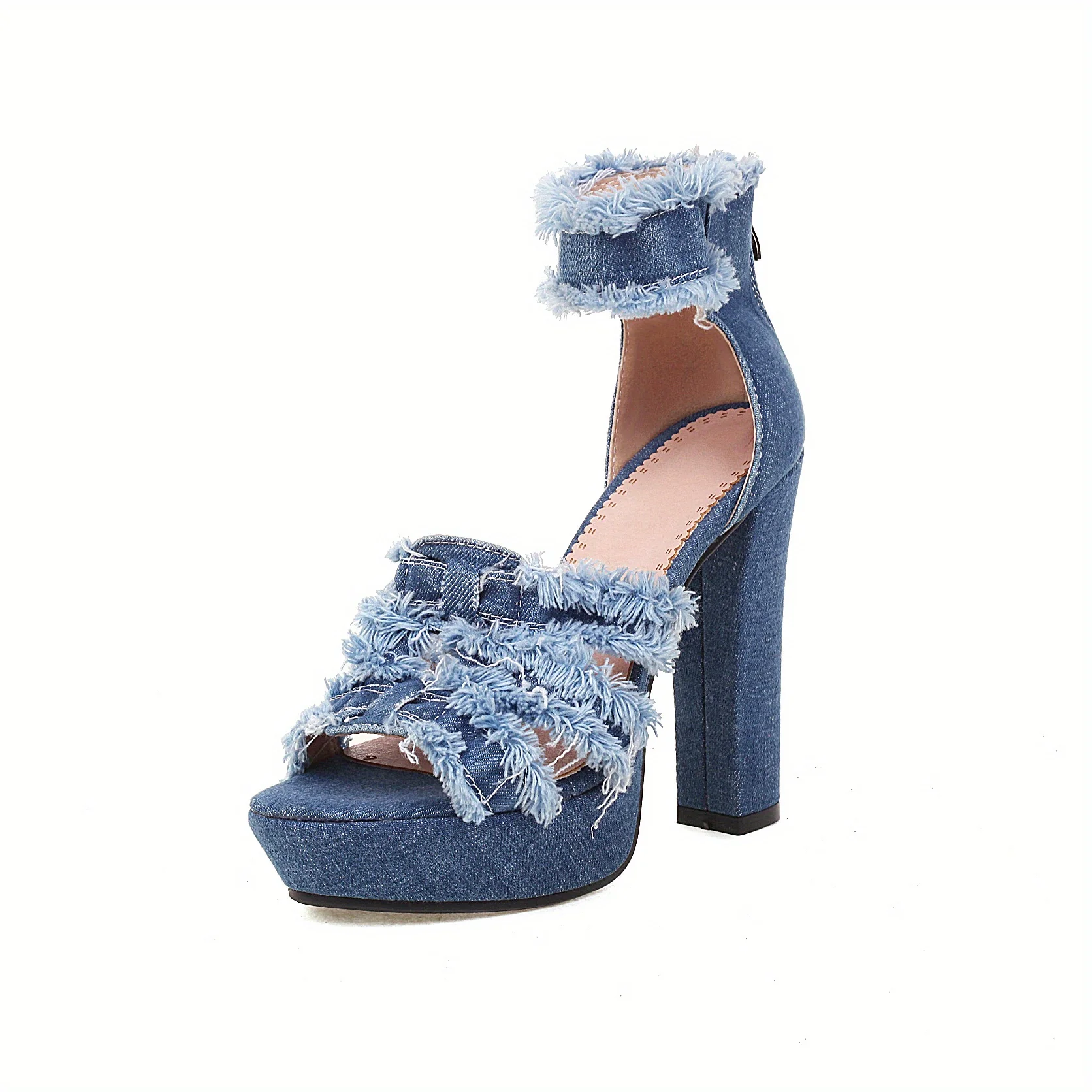 Womens Denim Platform Heels - Stylish Peep Toe Sandals with Ankle Strap & Back Zipper - High Heels for Versatile Dressy Looks - Image 8