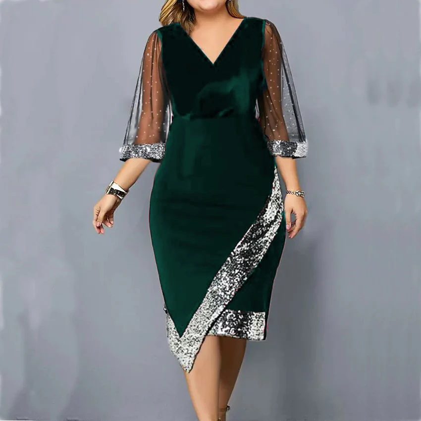 Women's Dress Sequin Mesh Long Sleeve Asymmetrical Hem Formal Occasion Dress Elegant Slim Fit V-Neck Luxury Summer Skinny 2023 - Image 2