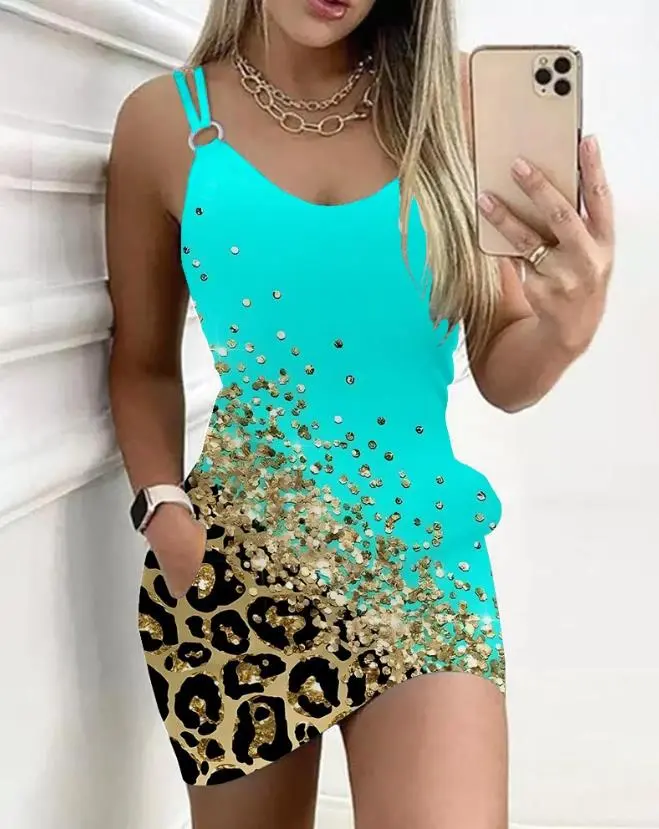 Women's Dresses 2023 Summer Fashion Contrast Leopard Print Pocket Design Casual Round Neck Sleeveless Daily Mini Straight Dress