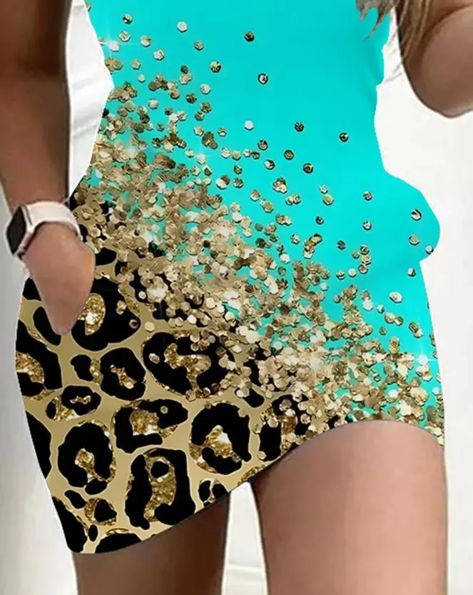 Women's Dresses 2023 Summer Fashion Contrast Leopard Print Pocket Design Casual Round Neck Sleeveless Daily Mini Straight Dress - Image 3