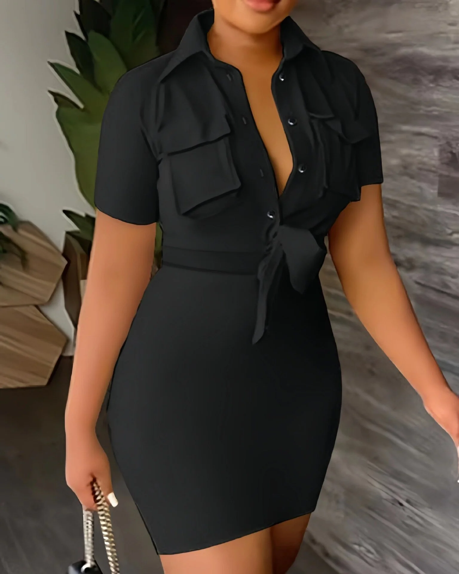 Sexy Women's Dresses 2023 Summer Fashion Solid Color Lapel Short Sleeve Casual Pocket Design - Image 3