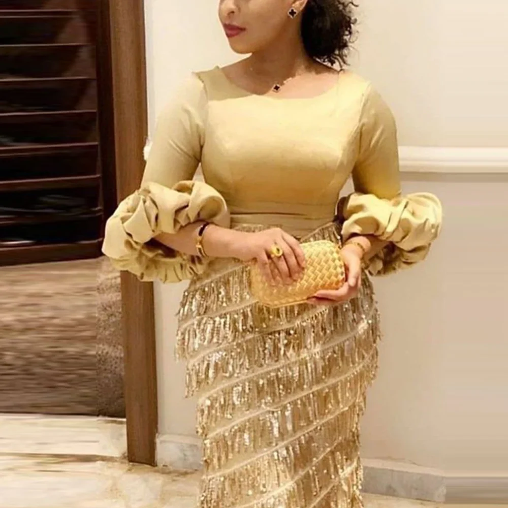 Women's Dresses Round Neck Lantern Long Sleeve Tassel Slim Gold Dress 2023 Autumn New Ladies Elegant Party Evening Clothes - Image 3