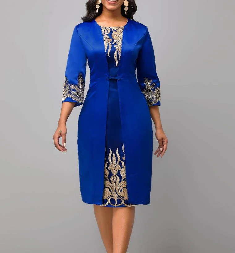 Women's Elegant Dress 2023 New Lace Stitching Dress Commuting Slim Party Dress Mesh Stitching Three-Quarter Sleeve Formal Dress - Image 3