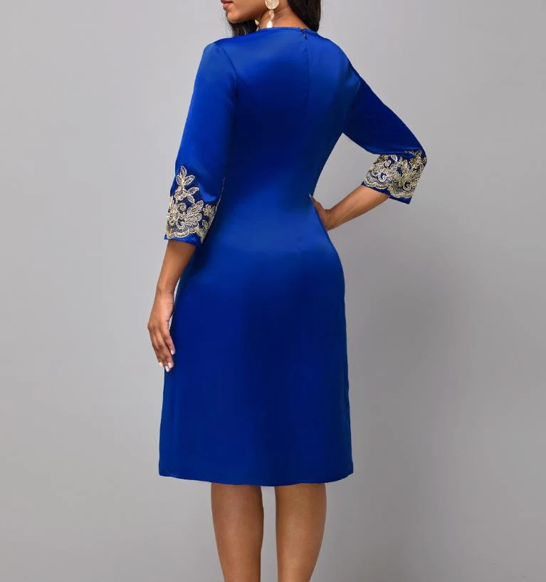 Women's Elegant Dress 2023 New Lace Stitching Dress Commuting Slim Party Dress Mesh Stitching Three-Quarter Sleeve Formal Dress - Image 6