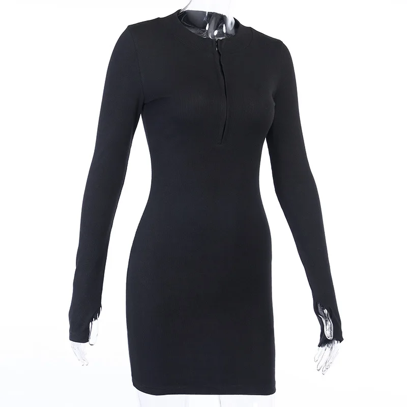 Women's Elegant Slim Dress 2023 Fashion Half-Zip Long Sleeve Ribbed Knitted Bodycon Mini Dress Fall Solid Club Party Dress - Image 4