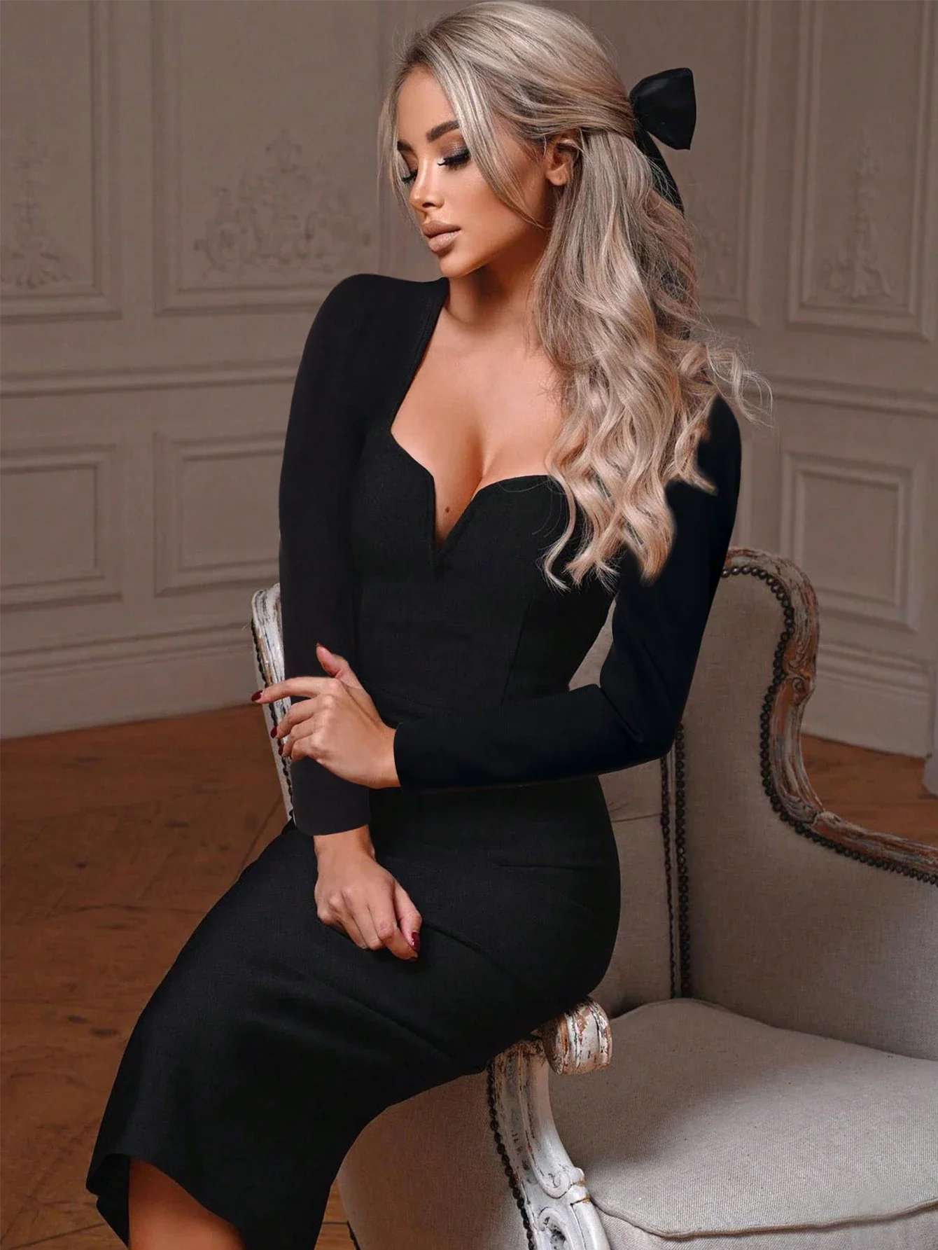 Women's Fantasy Long Sleeve V Neck Midi Bodycon Dress Summer Bandage Dress Black Elegant Wedding Evening Cocktail Party Dress Se - Image 2