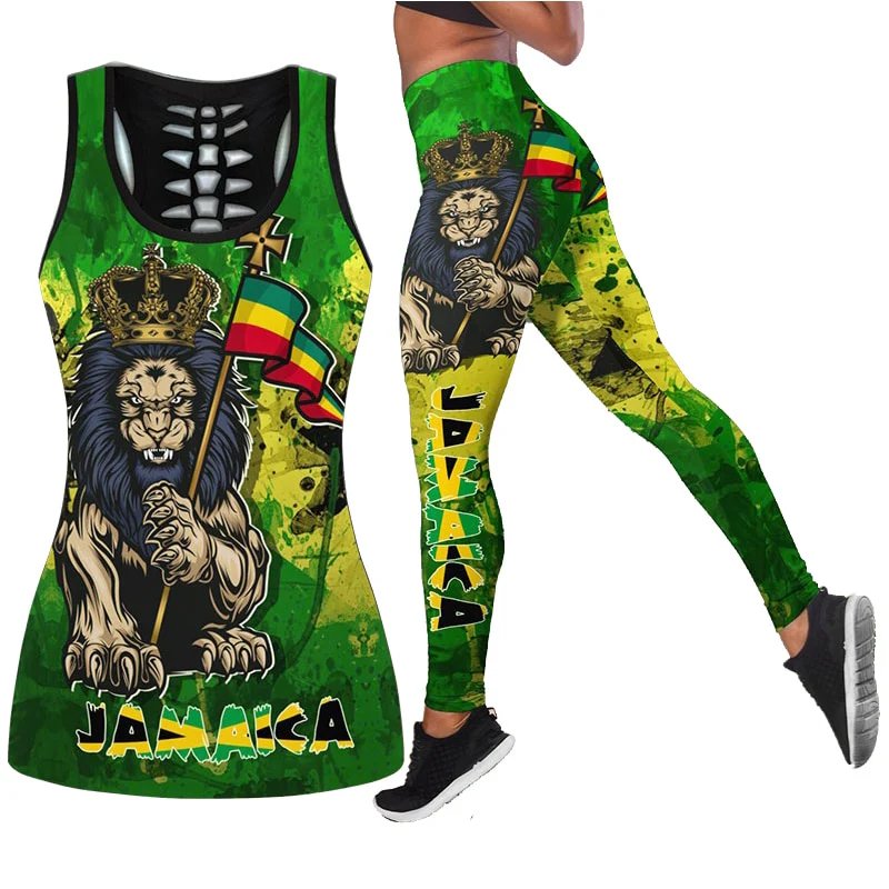 Women's Fashion Summer 3D Jamaica Combo Outfit Print Sleeveless Tank Top and Leggings - Image 17