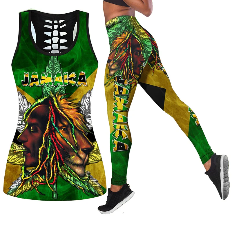Women's Fashion Summer 3D Jamaica Combo Outfit Print Sleeveless Tank Top and Leggings - Image 4