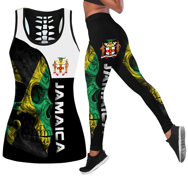 Women's Fashion Summer 3D Jamaica Combo Outfit Print Sleeveless Tank Top and Leggings - Image 5