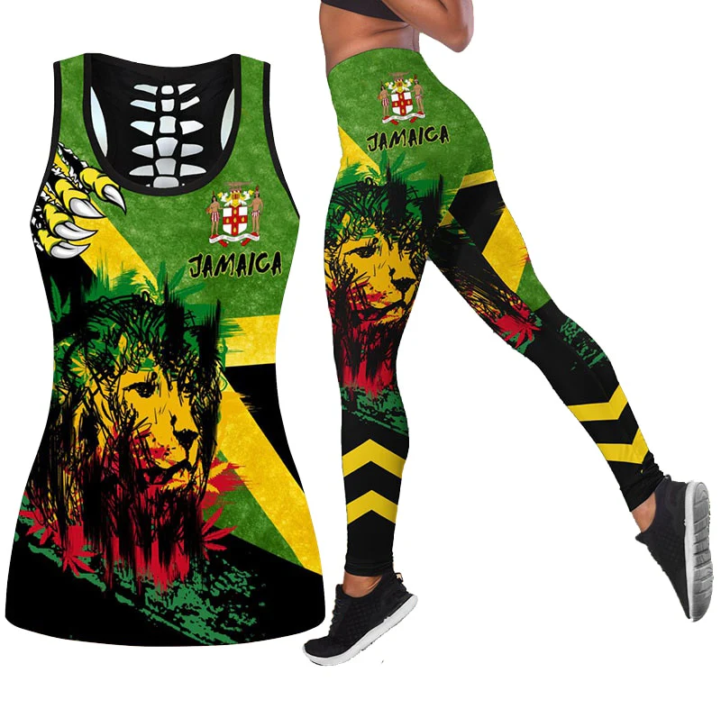 Women's Fashion Summer 3D Jamaica Combo Outfit Print Sleeveless Tank Top and Leggings - Image 8