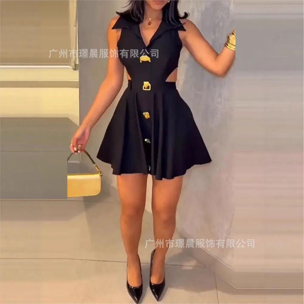 Women's Fashionable Mini Dress 2025 Summer Sleeveless Hollowed-out Lapel Shirt Dress with Button Temperament Elegant Short Skirt - Image 2