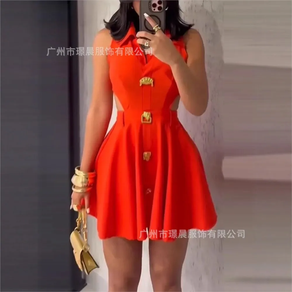 Women's Fashionable Mini Dress 2025 Summer Sleeveless Hollowed-out Lapel Shirt Dress with Button Temperament Elegant Short Skirt - Image 3