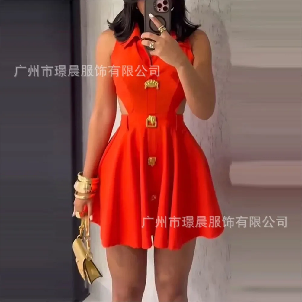Women's Fashionable Mini Dress 2025 Summer Sleeveless Hollowed-out Lapel Shirt Dress with Button Temperament Elegant Short Skirt - Image 6
