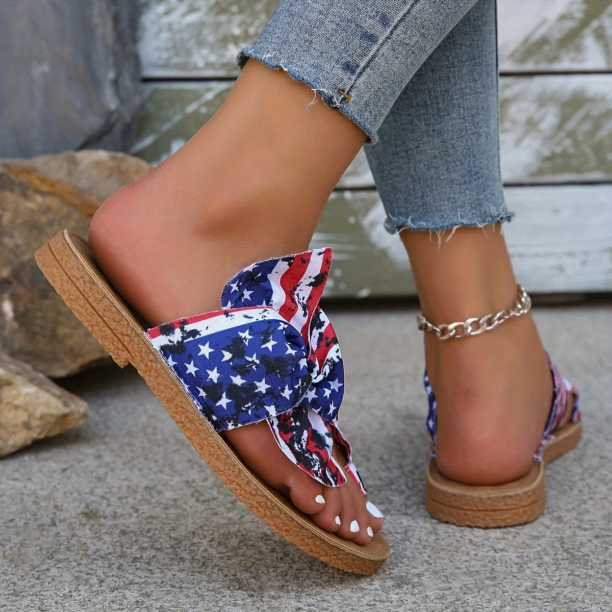 Women's Flag Pattern Slide Sandals, Bowknot Toe Loop Slip On Flat Shoes, Casual Sandals For The 4th Of July Summer Casual Shoes For Independence Day - Image 10
