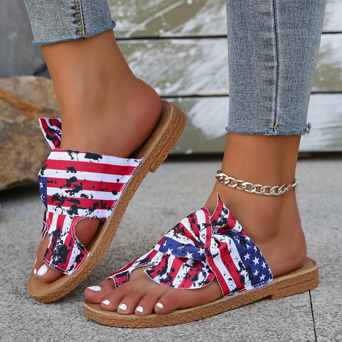 Women's Flag Pattern Slide Sandals, Bowknot Toe Loop Slip On Flat Shoes, Casual Sandals For The 4th Of July Summer Casual Shoes For Independence Day - Image 5