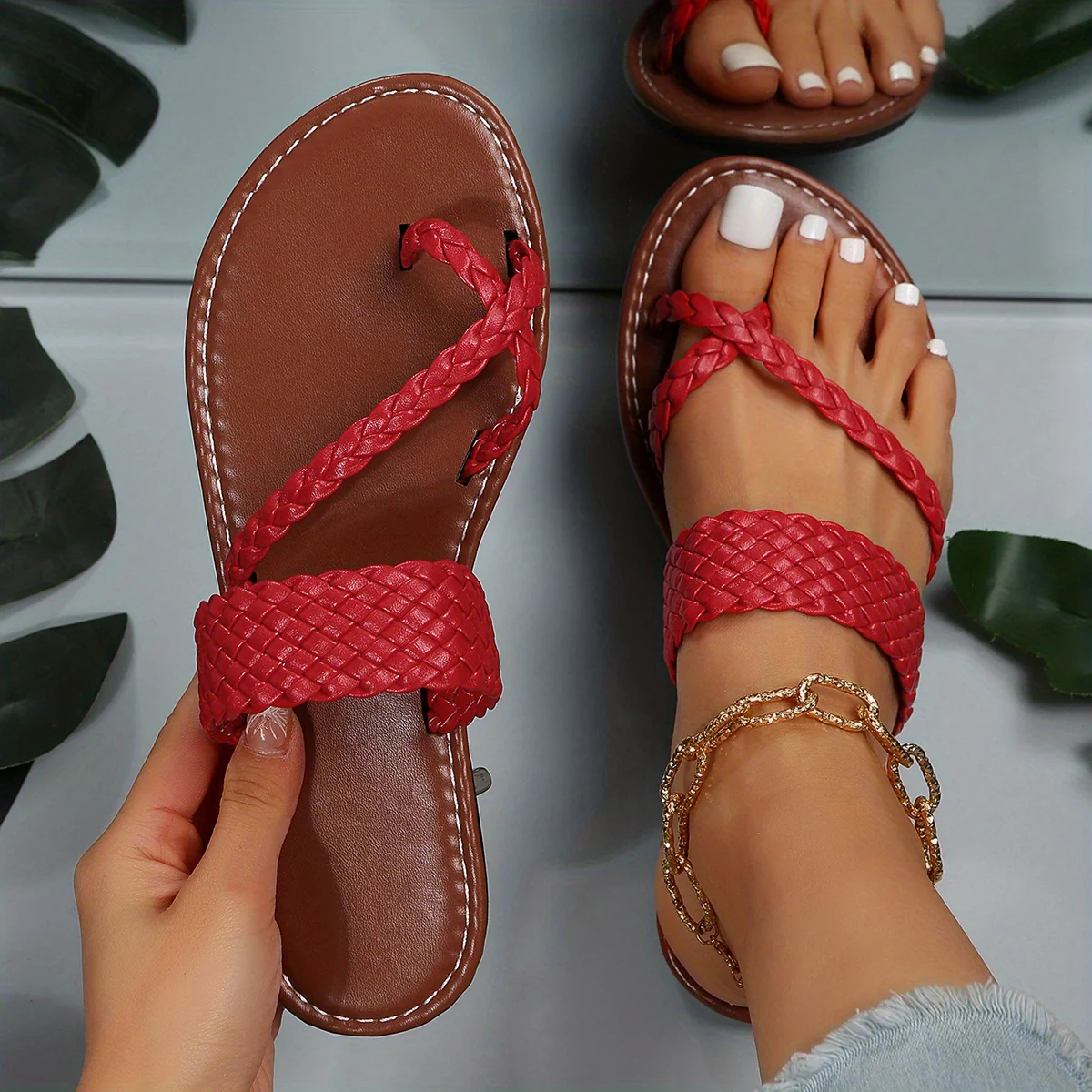 Women's Flat Slide Sandals, Toe Loop Braided Band Slip On Shoes, Casual Beach Slides - Image 16