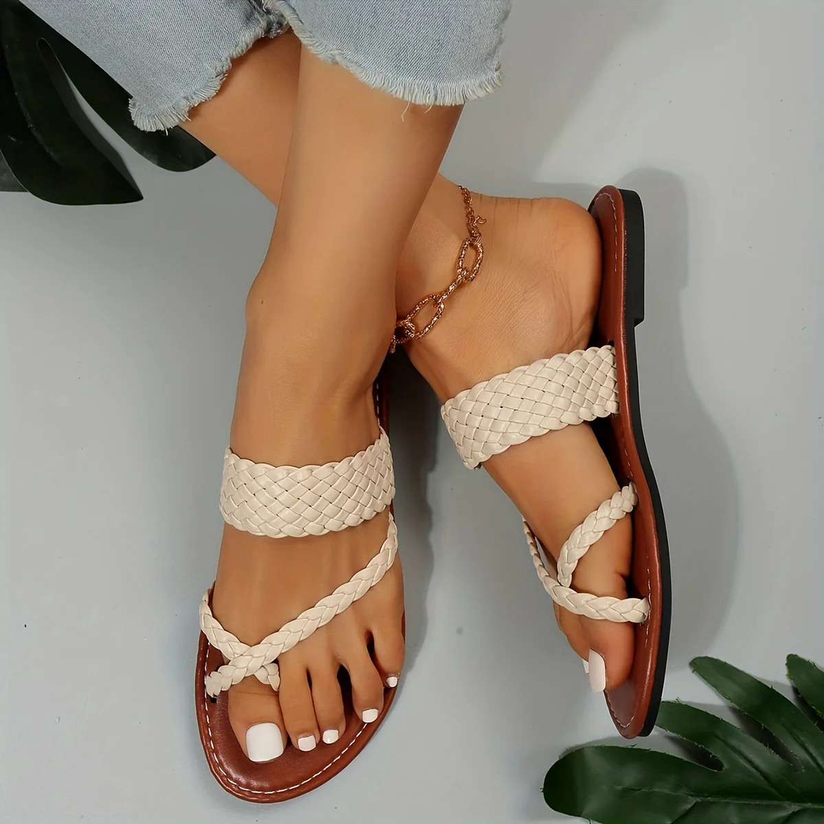 Women's Flat Slide Sandals, Toe Loop Braided Band Slip On Shoes, Casual Beach Slides - Image 3