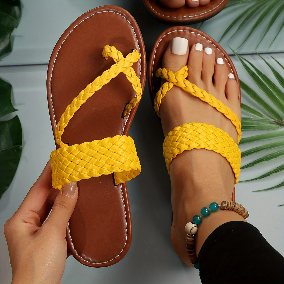 Women's Flat Slide Sandals, Toe Loop Braided Band Slip On Shoes, Casual Beach Slides - Image 53