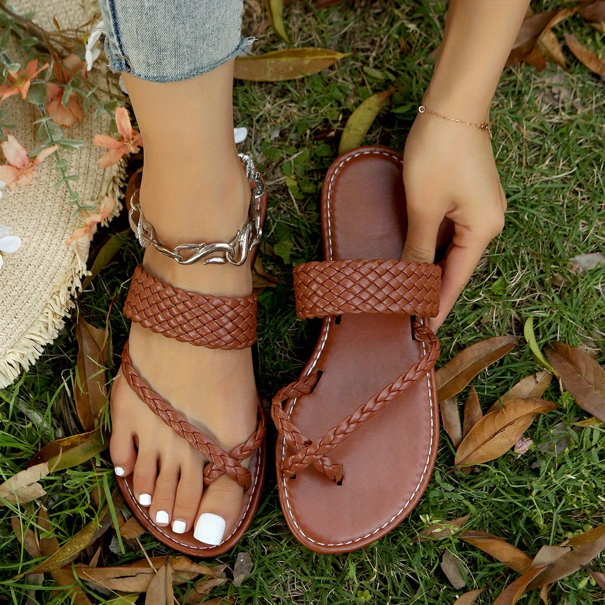 Women's Flat Slide Sandals, Toe Loop Braided Band Slip On Shoes, Casual Beach Slides - Image 58