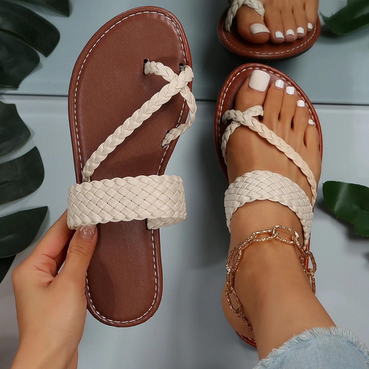 Women's Flat Slide Sandals, Toe Loop Braided Band Slip On Shoes, Casual Beach Slides - Image 65