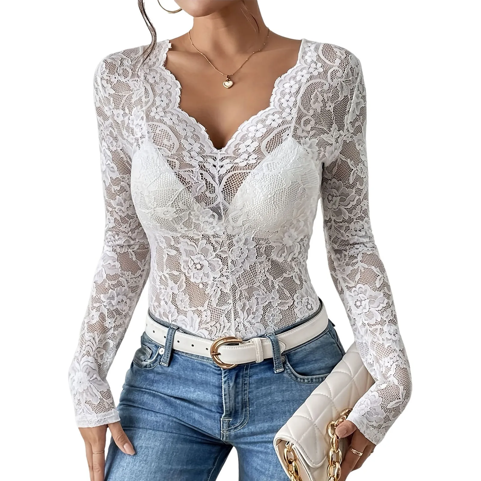 Women'S Floral Eyelet Lace Shirt Sexy V Neck Long Sleeve Opaque Shirts See-Through Lace Sexy Women Clothing Blusas Para Mujer - Image 11