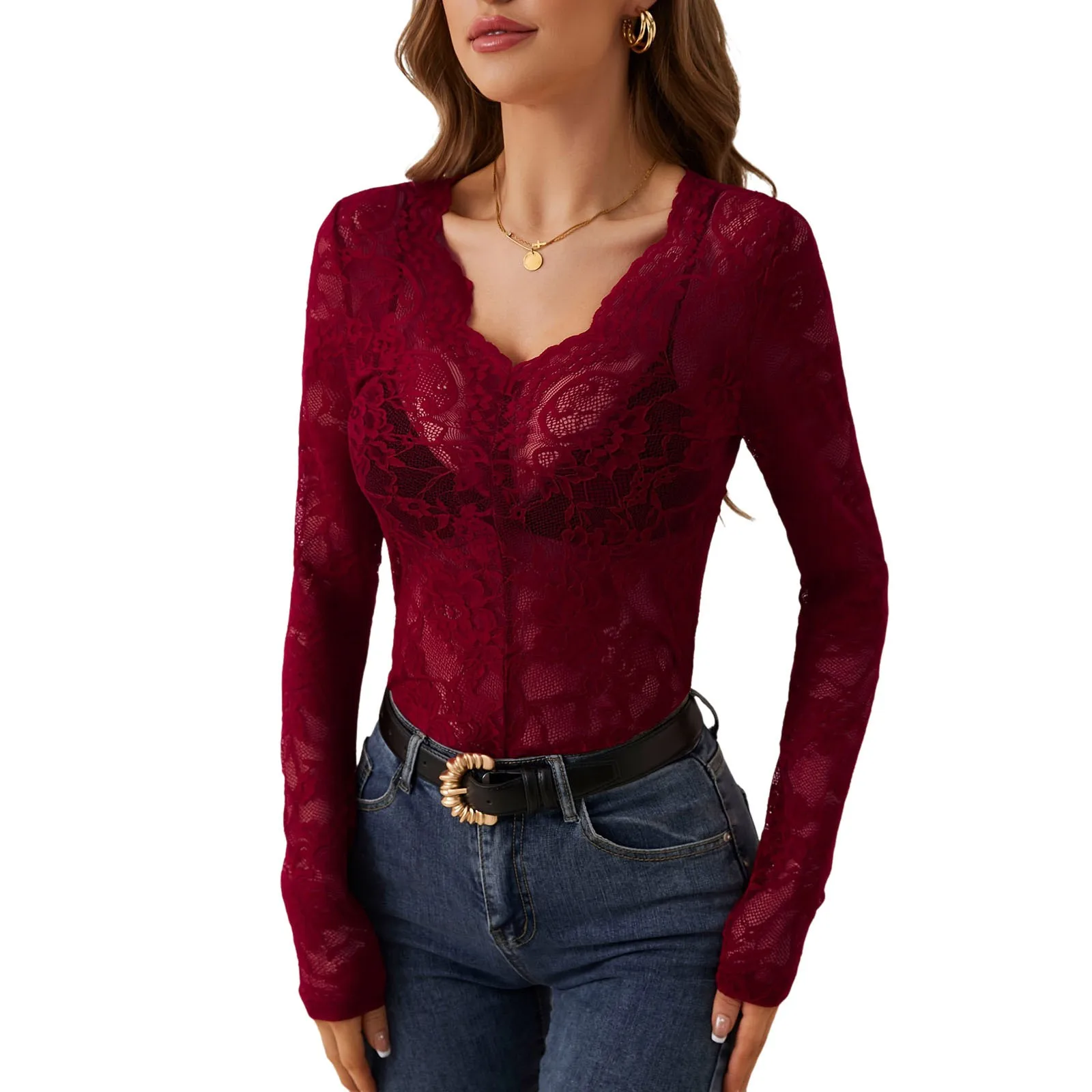 Women'S Floral Eyelet Lace Shirt Sexy V Neck Long Sleeve Opaque Shirts See-Through Lace Sexy Women Clothing Blusas Para Mujer - Image 7