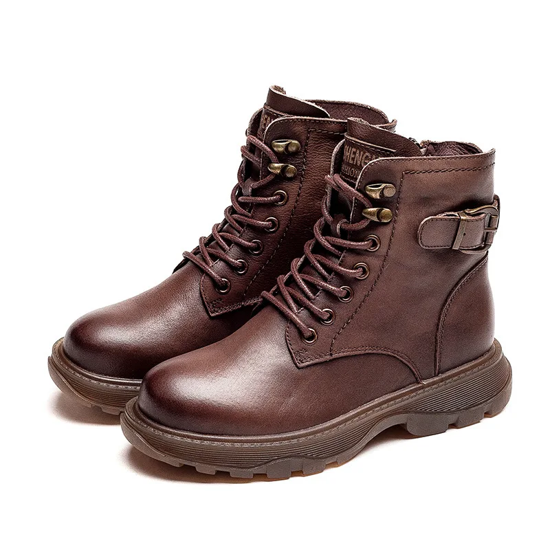 Women's Genuine Leather Ankle Boots Women Autumn Winter Lace Up Vintage Women Punk Boots Flat Ladies Shoes Woman Botas Mujer - Image 4