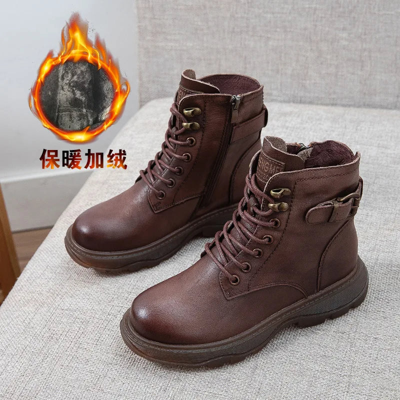 Women's Genuine Leather Ankle Boots Women Autumn Winter Lace Up Vintage Women Punk Boots Flat Ladies Shoes Woman Botas Mujer - Image 5
