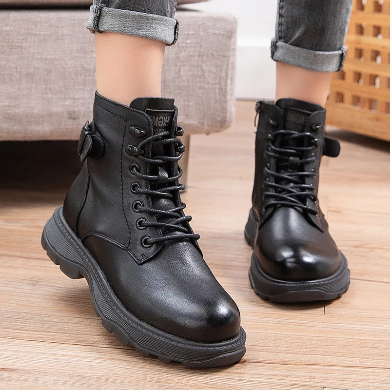 Women's Genuine Leather Ankle Boots Women Autumn Winter Lace Up Vintage Women Punk Boots Flat Ladies Shoes Woman Botas Mujer - Image 7