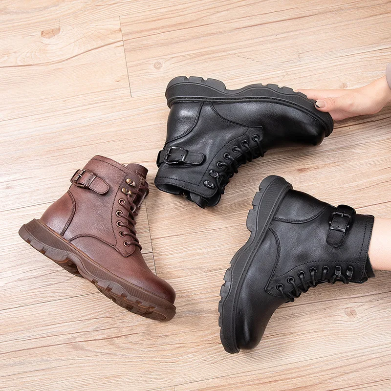 Women's Genuine Leather Ankle Boots Women Autumn Winter Lace Up Vintage Women Punk Boots Flat Ladies Shoes Woman Botas Mujer - Image 9