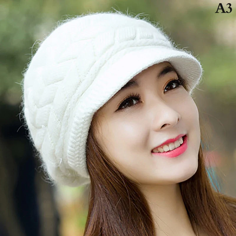 Women's Hats Winter Warm Knitted Hat Rabbit Hair Double Layer Plus Velvet Cap Visor Beanies For Women Casual - Image 11