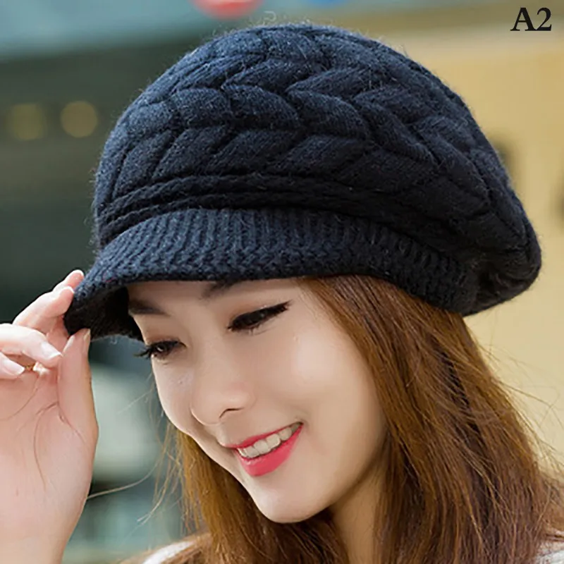 Women's Hats Winter Warm Knitted Hat Rabbit Hair Double Layer Plus Velvet Cap Visor Beanies For Women Casual - Image 12