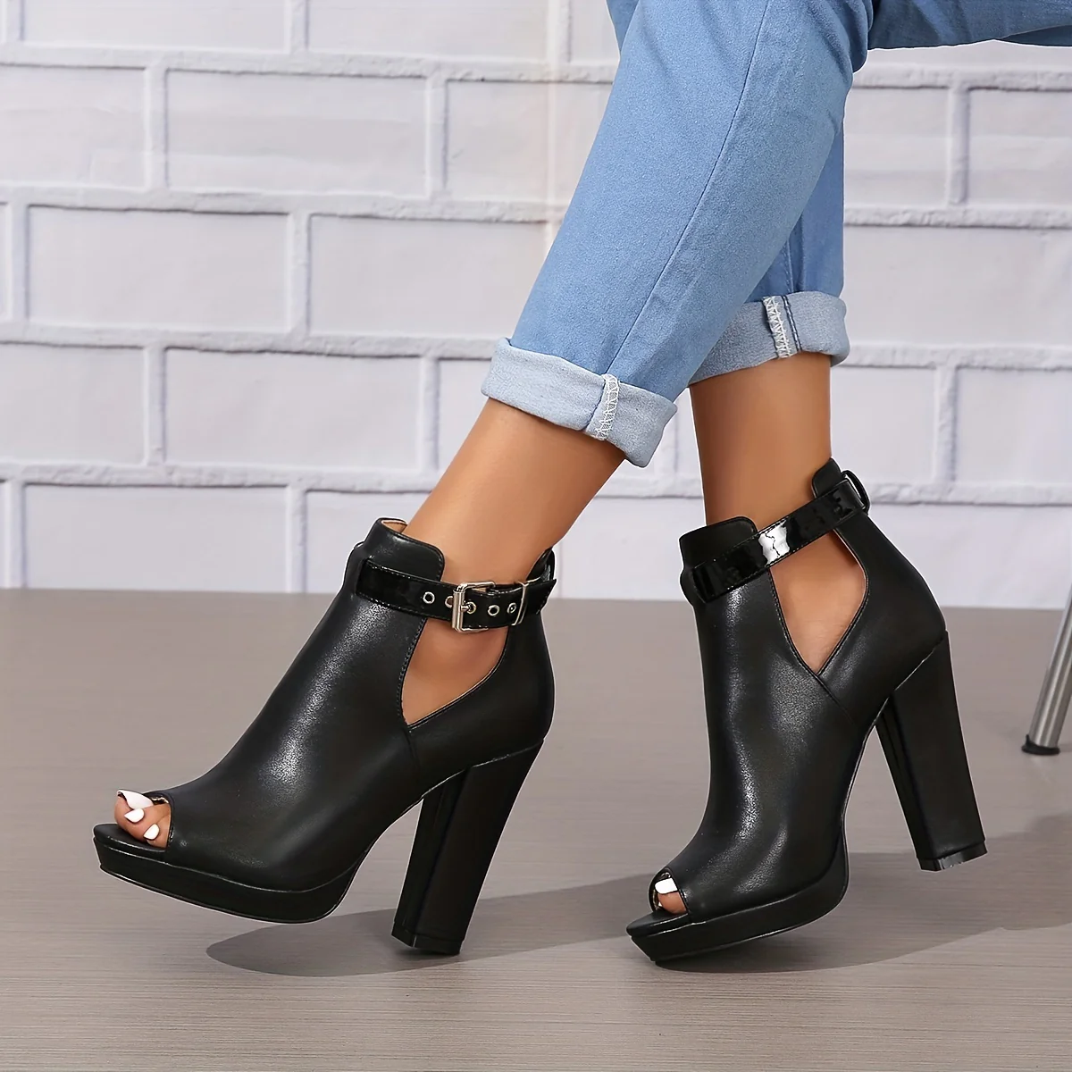 Women's High Heeled Ankle Boots, Peep Toe Cut-out Buckle Strap Block Heels, Fashion Platform Sandals - Image 5