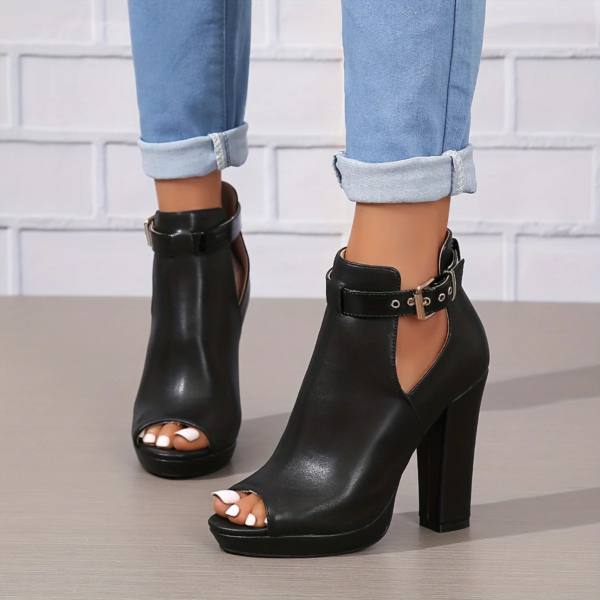 Women's High Heeled Ankle Boots, Peep Toe Cut-out Buckle Strap Block Heels, Fashion Platform Sandals - Image 6