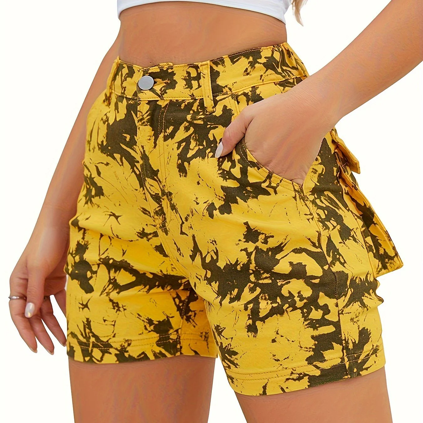 Women's High Waist Camouflage Print Denim Shorts, Elastic Streetwear Style, Casual Summer Hot Pants with Pockets - Image 6