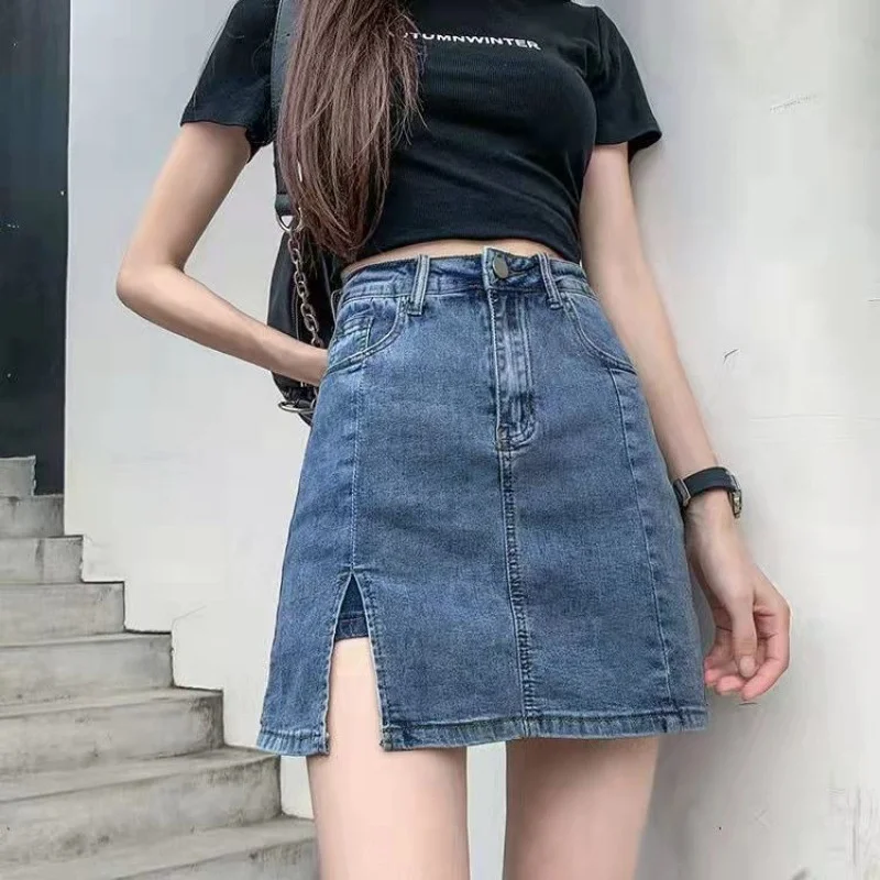 Women's High Waist Split Hip Denim Skirt Female Casual Slim A-line Jeans Short Skirt - Image 2
