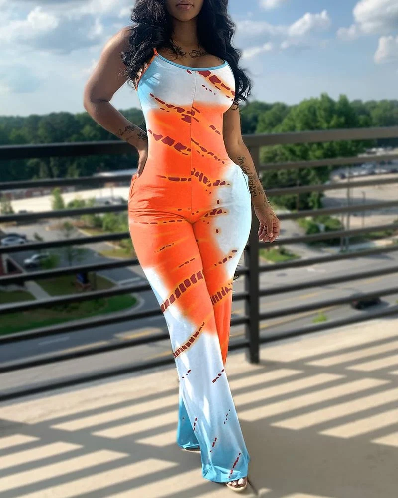 Women's Jumpsuit Summer Fashion Printed Solid Color V-Neck Casual Sleeveless Long Skinny Suspender Jumpsuit - Image 5