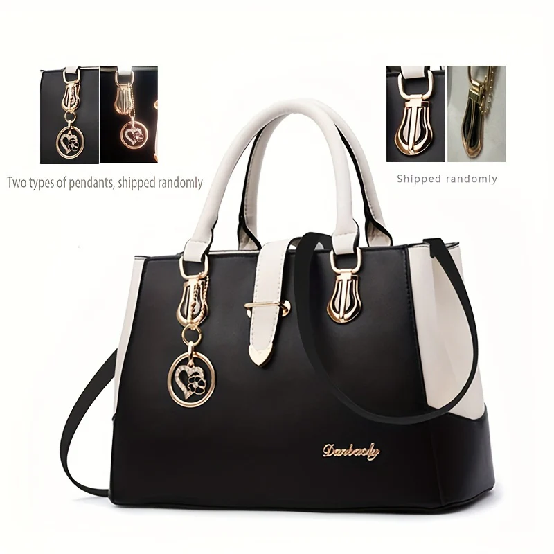 Women's Letter Detail Shoulder Bag, Elegant Double Handle Purse, Simple Large Handbag For Work - Image 14