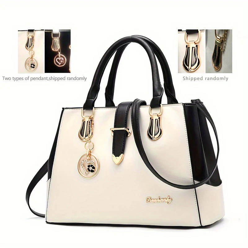 Women's Letter Detail Shoulder Bag, Elegant Double Handle Purse, Simple Large Handbag For Work - Image 15